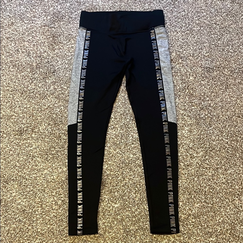 PINK Victoria's Secret Black and Gray Leggings with Sporty Design